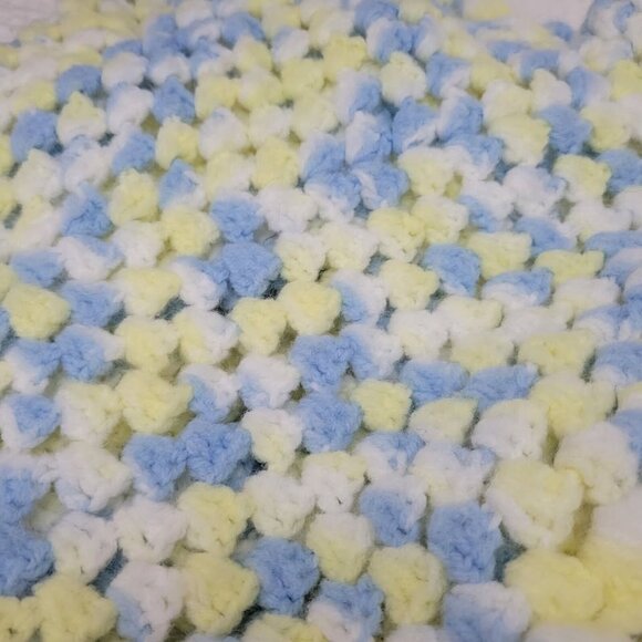 Baby Receiving Blanket Hand Crocheted 30" x 30" blue yellow white no flaws SOFT - Picture 3 of 6